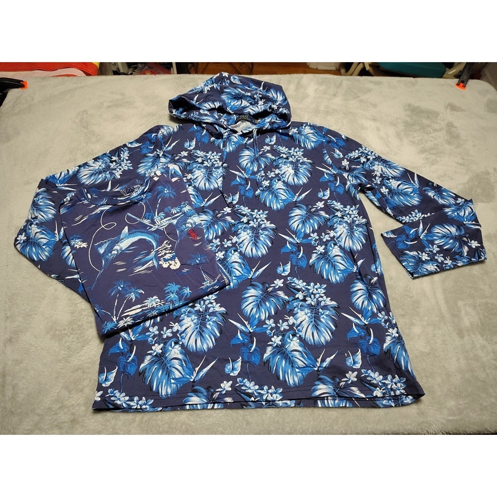 Polo Ralph Lauren Lot Of 2 Shirts Ladies M Blue Tropical Hoodie/T-shirt Light